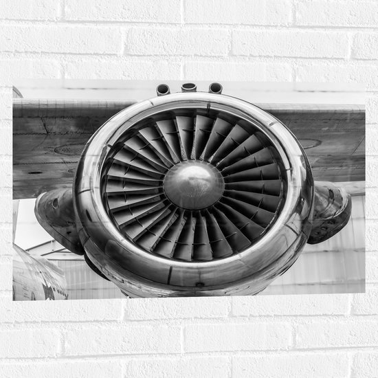 WallClassics - Muursticker - Vliegtuigmotor in het Zwart Wit - 75x50 cm Foto op Muursticker