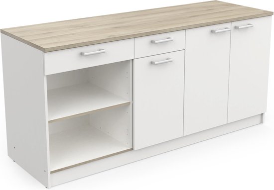 Belfurn - keukenkast - onderkast Cooking 180cm in witte melamine met eiken blad