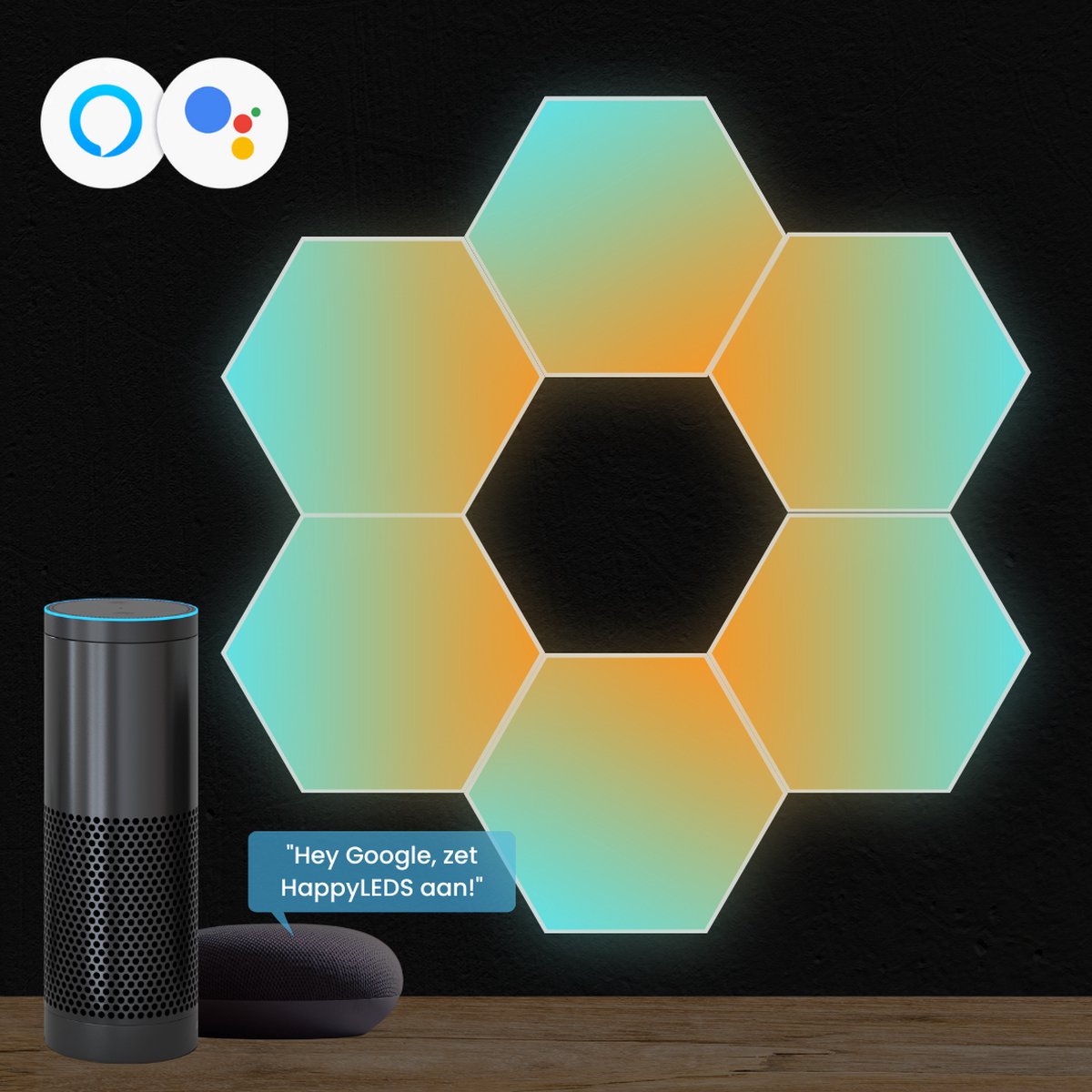 HappyLEDS® Hexagon LED Lights Ultimate - Wandlamp Binnen – RGB LED Verlichting - Bureaulamp – Hexagon LED Panelen - 6 Stuks - Google Home & Amazon Alexa