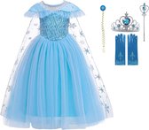 Prinsessenjurk meisje - Prinsessen speelgoed - Het Betere Merk - maat 116/122 (130) - Tiara - Kroon - Toverstaf - Handschoenen - Verkleedkleren Meisje - Carnavalskleding Kinderen - Blauw - Cadeau Meisje
