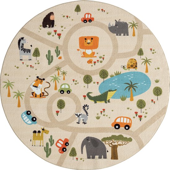 Vloerkleed kinderkamer - Beige - 200x200 cm - Afwasbaar - Antislip - Tapijt voor jongens en meisjes met een straat en jungledieren - Happy Life by the carpet