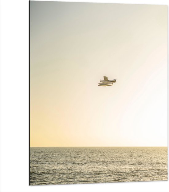 WallClassics - Dibond - Vliegtuig Vliegend boven Water met Boeien bij Lichtkleurige Lucht - 75x100 cm Foto op Aluminium (Met Ophangsysteem)