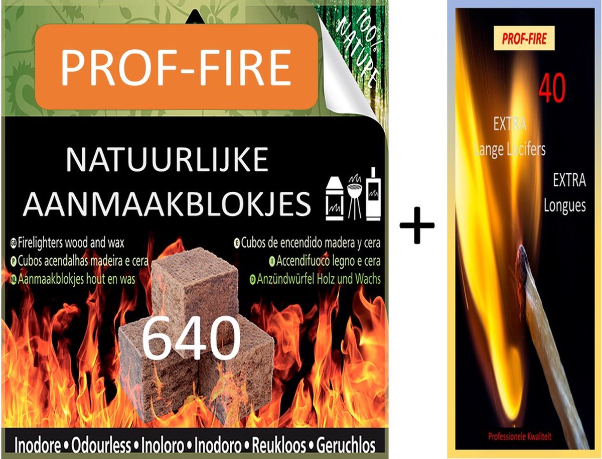 Prof-Fire - 640 Aanmaakblokjes Bruin - Voordeelbox + 70 XXXL Extra Lange Lucifers +/- 28 cm - Top Kwaliteit - Fire Up kwaliteit