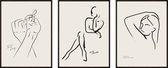 Line Art Poster Set - 3 stuks - 50x70 cm - Zwart Wit - Boho - Vrouw Silhouet - Wanddecoratie - Muurdecoratie