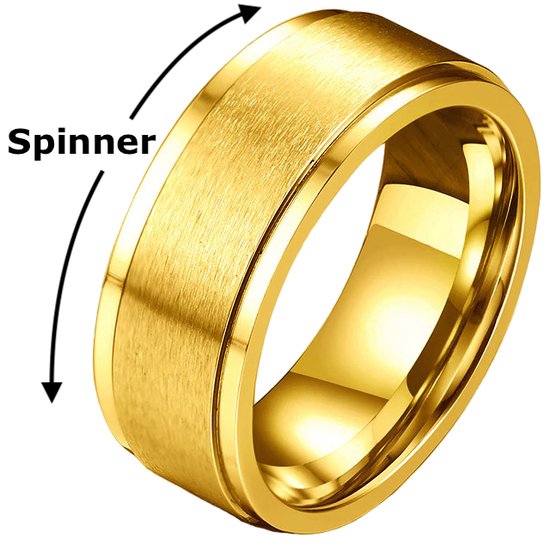 Gouden spinner ring met geborstelde buitenzijde, glanzende binnenzijde en pijlen die de draaibeweging aanduiden.