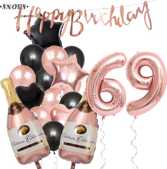 69 Jaar Verjaardag Cijferballon 69 - Feestpakket Snoes Ballonnen Pop The Bottles - Rose Zwart Versiering