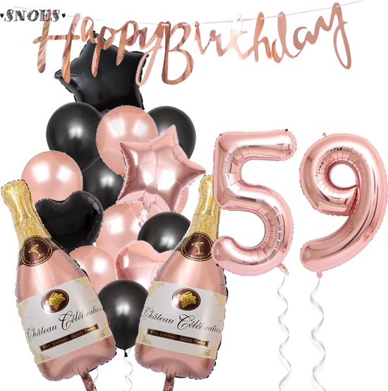 59 Jaar Verjaardag Cijferballon 59 - Feestpakket Snoes Ballonnen Pop The Bottles - Rose Zwart Versiering