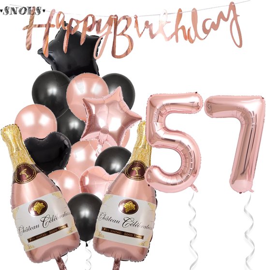 57 Jaar Verjaardag Cijferballon 57 - Feestpakket Snoes Ballonnen Pop The Bottles - Rose Zwart Versiering