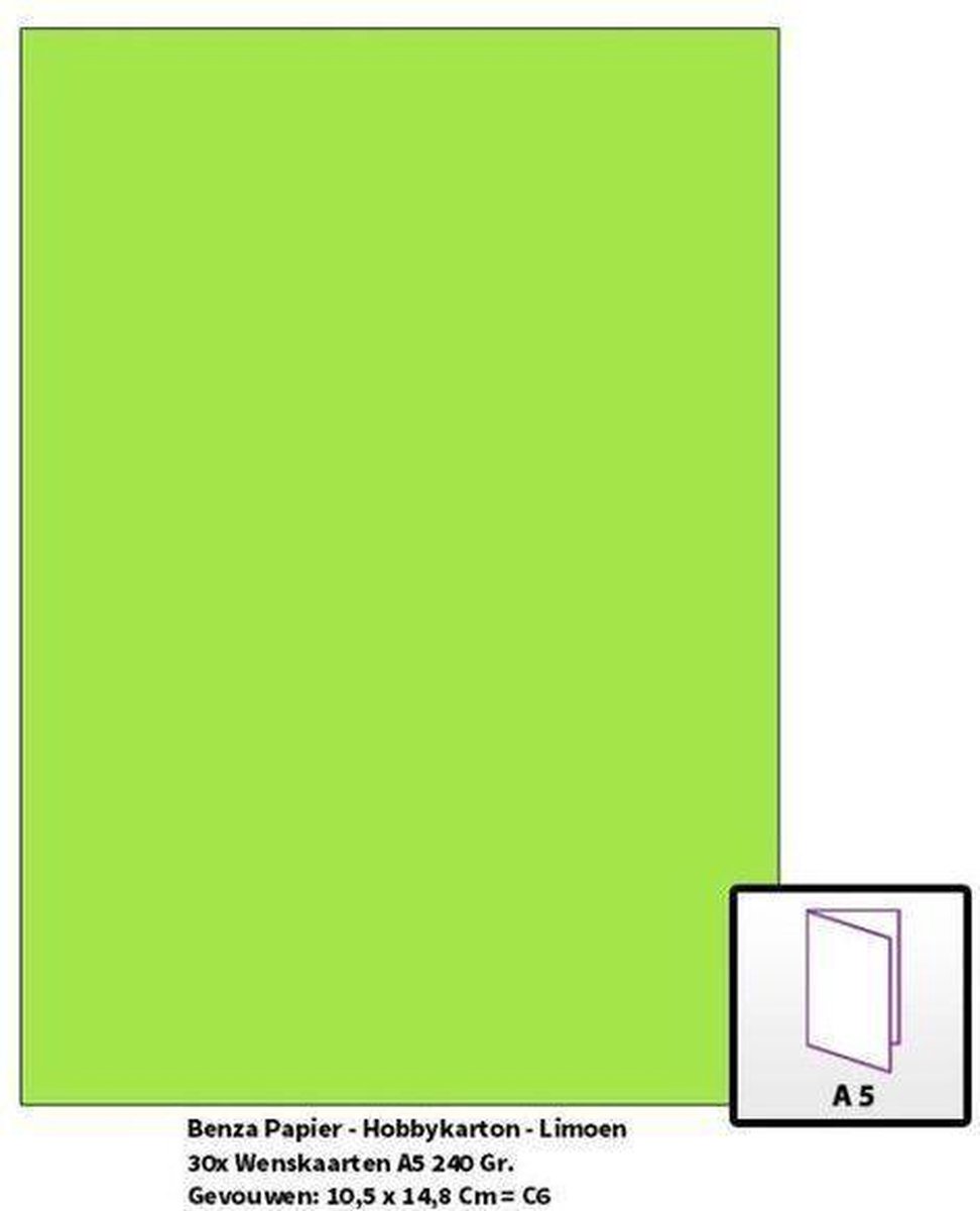 Benza Papier - Gekleurd Printpapier Hobbykarton 240 Gr. (Gram) A5 - Limoen - 30 Stuks (Wenskaarten)