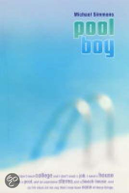 Boek 'Pool Boy' met blauwe en groene tekst op een vervaagde blauwe achtergrond.