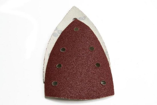 Twee schuurschijven met klittenbandbevestiging, korrel 60. De bovenste schijf is bruin met perforaties.