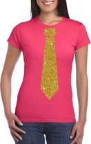 Roze fun t-shirt met stropdas in glitter goud dames XL