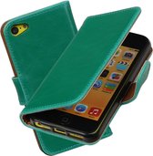 MP Case groen leder look hoesje voor iPhone 5C Booktype - Telefoonhoesje - smartphonehoesje - beschermhoes.