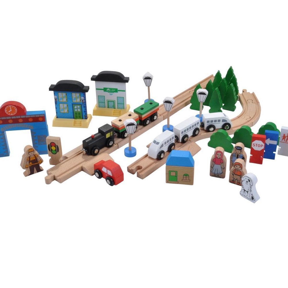 Bandits & Angels Houten Treinset 80 delig met Grondplaat vanaf 3 jaar voor Jongens en Meisjes - Trein Set met 80 delen - inclusief 1 Trein en Grondplaat - Treinbaan voor Kinderen met Accessoires — afbeelding 2