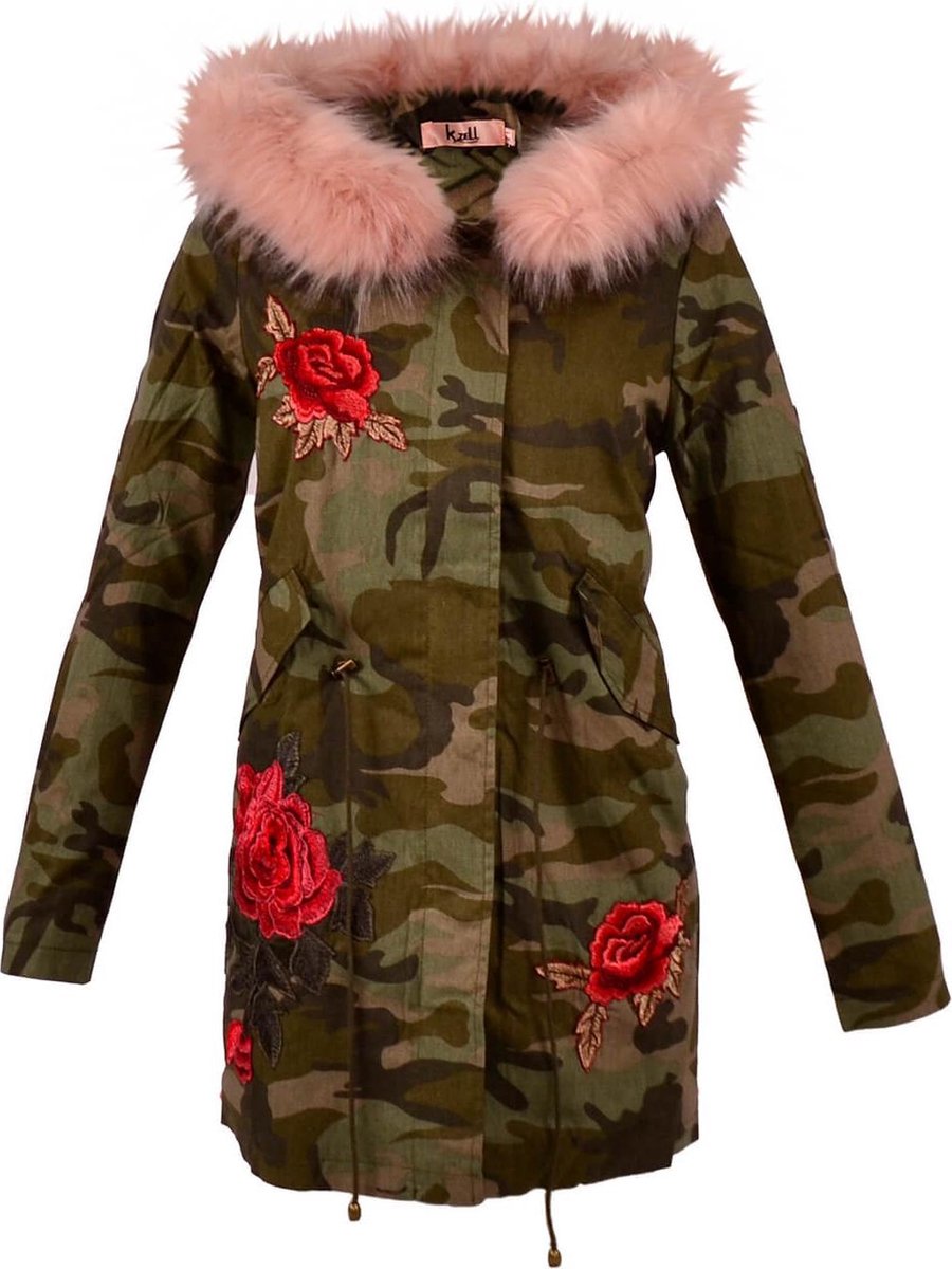 Maat XL - dames zomerjas / tussenjas camouflage met roze bontkraag en  bloemen – k-zell | bol