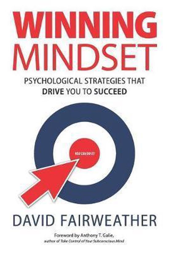 Boekomslag 'Winning Mindset' met rode tekst, een doelwit-icoon en een pijl die naar de tekst 'YOU CAN DO IT!' wijst.