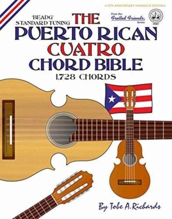 Boek 'The Puerto Rican Cuatro Chord Bible' met 1728 akkoorden, met een gitaar en de vlag van Puerto Rico.
