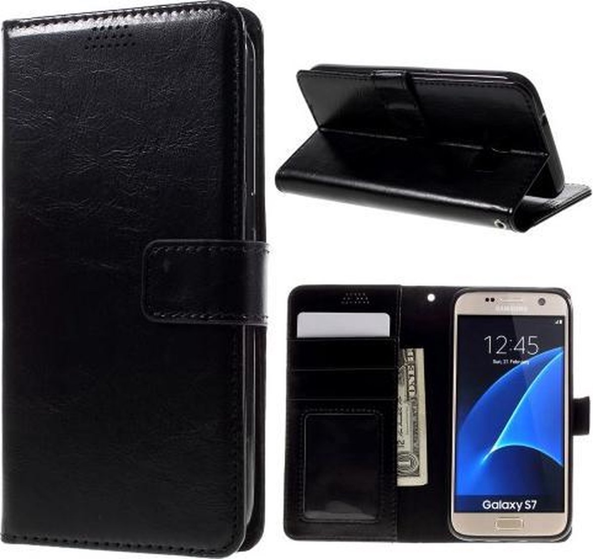 Oil Wax Leather Wallet Stand case hoesje Samsung Galaxy S7 zwart