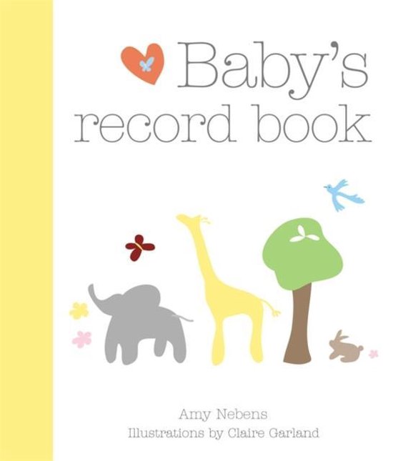 Baby's record book met een illustratie van een olifant, giraffe, boom, konijn, hartje en vlinders.