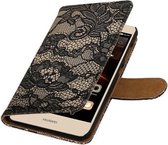 Zwart Lace booktype wallet cover cover voor Huawei Y6 II Compact
