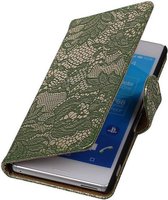 Lace Bookstyle Wallet Case Hoesjes Geschikt voor Sony Xperia M4 Aqua Donker Groen