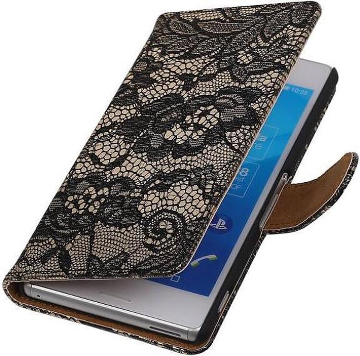 Lace Bookstyle Wallet Case Hoesjes Geschikt voor Sony Xperia M4 Aqua Zwart
