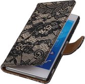 Lace Bookstyle Wallet Case Hoesjes voor Sony Xperia M4 Aqua Zwart