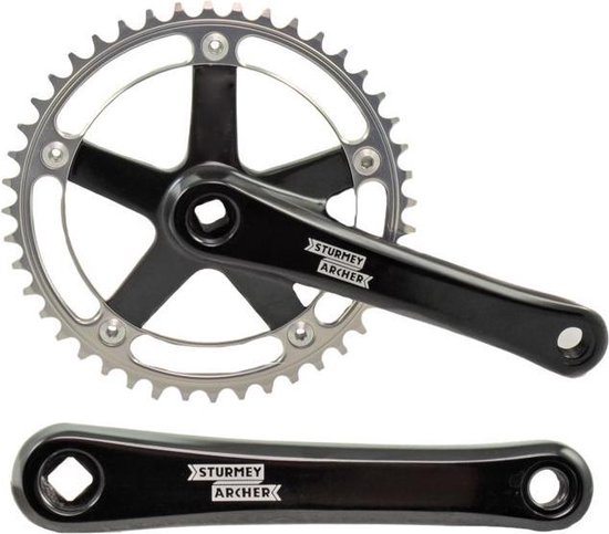 Zwart Sturmey Archer crankstel met 44 tanden, zilveren tandwiel, 170mm arm en losse crankarm.