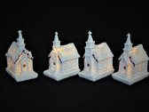 Kerstdorp - Kersthuis - Set van 4 verschillende witte kerkjes - met verlichting - B/O