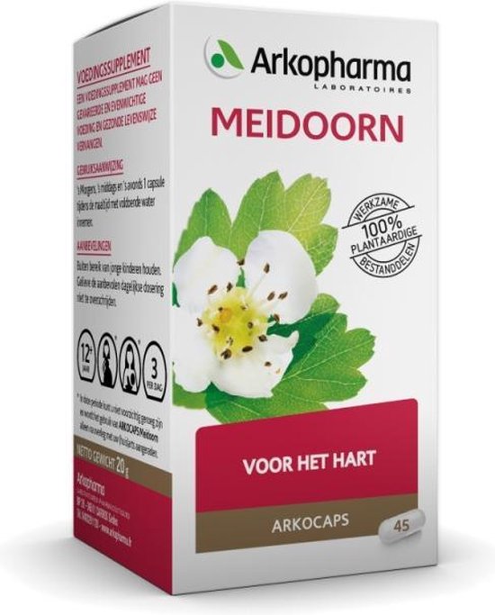 Verpakking Arkocaps Meidoorn, 'voor het hart', met bloem en bladeren, 45 capsules.