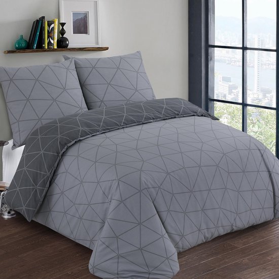 VISION Hugo - Tweezijdig omkeerbaar Dekbedovertrekset - 100% katoen: zacht en soepel - Kingsize - Dekbedovertrek 260 x 240 cm met 2 bijhorende slopen - Antraciet / Grijs - Oekotex gecertificeerd van VISION — afbeelding 2