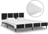 Bed met Matras Zwart WIt 160x200 cm Kunstleer  (Incl LW Led klok) - Bed frame met lattenbodem - Tweepersoonsbed Eenpersoonsbed