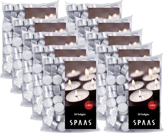 Spaas voordeelpak theelichtjes 8 branduren - 500 stuks - Wit
