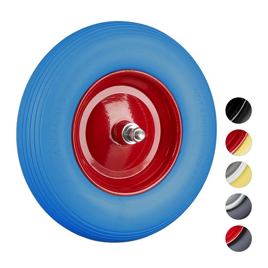 relaxdays kruiwagenwiel rubber – bolderwagenwiel met as – antilekband stalen velg Blauw-rood