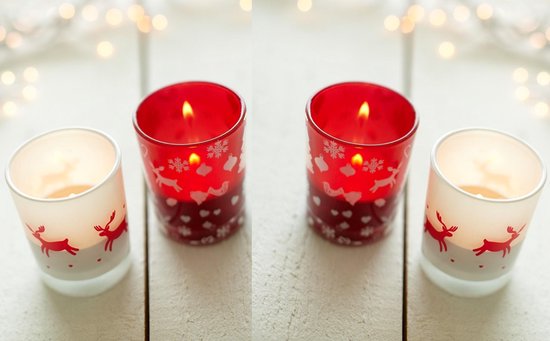 4 x Waxinelichtje - Gekleurd  Glas - inclusief waxinelichtjes - 2 waxinelichtjes met houder in Rood en 2 x in Wit - Sfeervol waxinelichtje - Kerst waxinelichtje