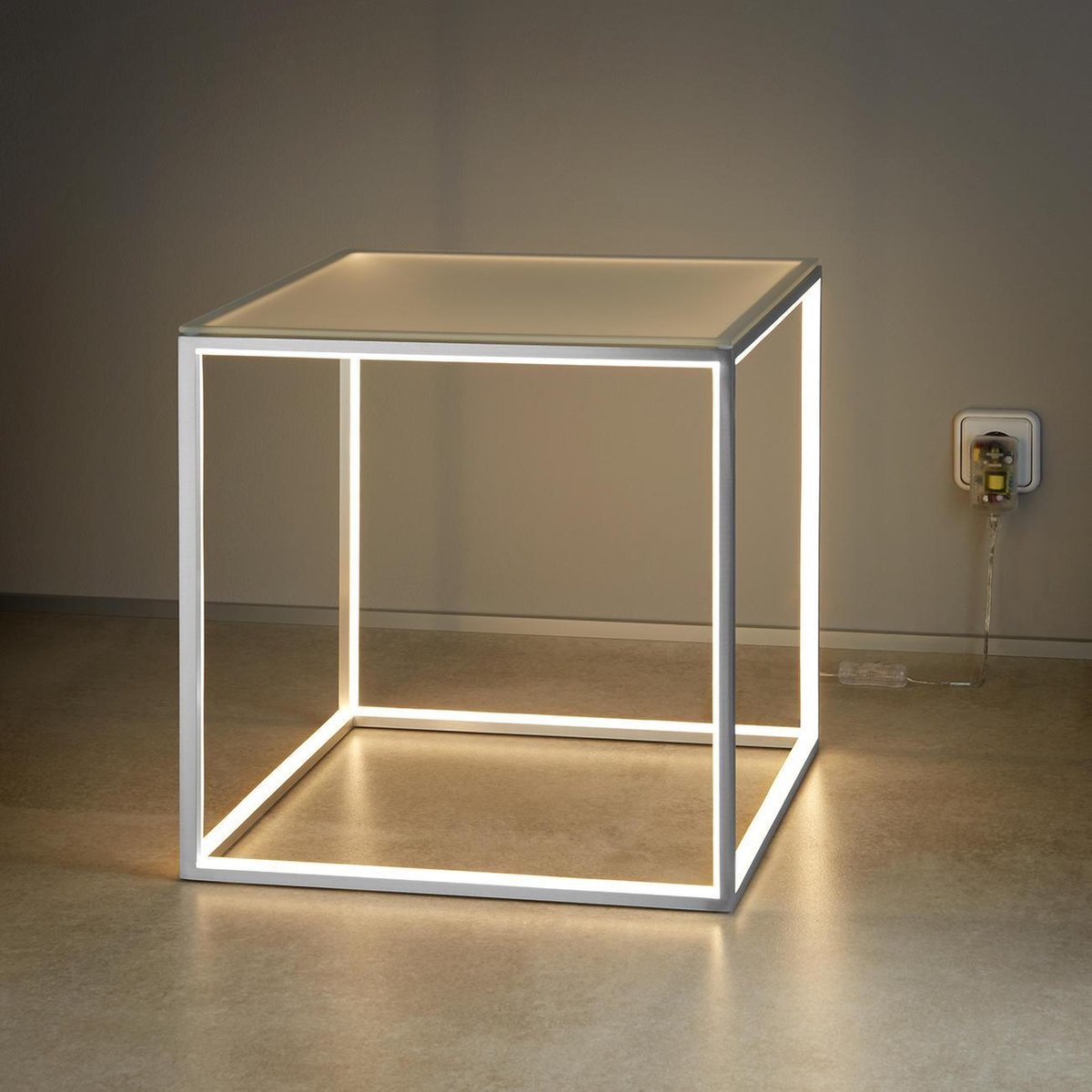 Sompex Bijzettafel / Vloerlamp met LED-verlichting , wit frame en glazen blad 42*42cm
