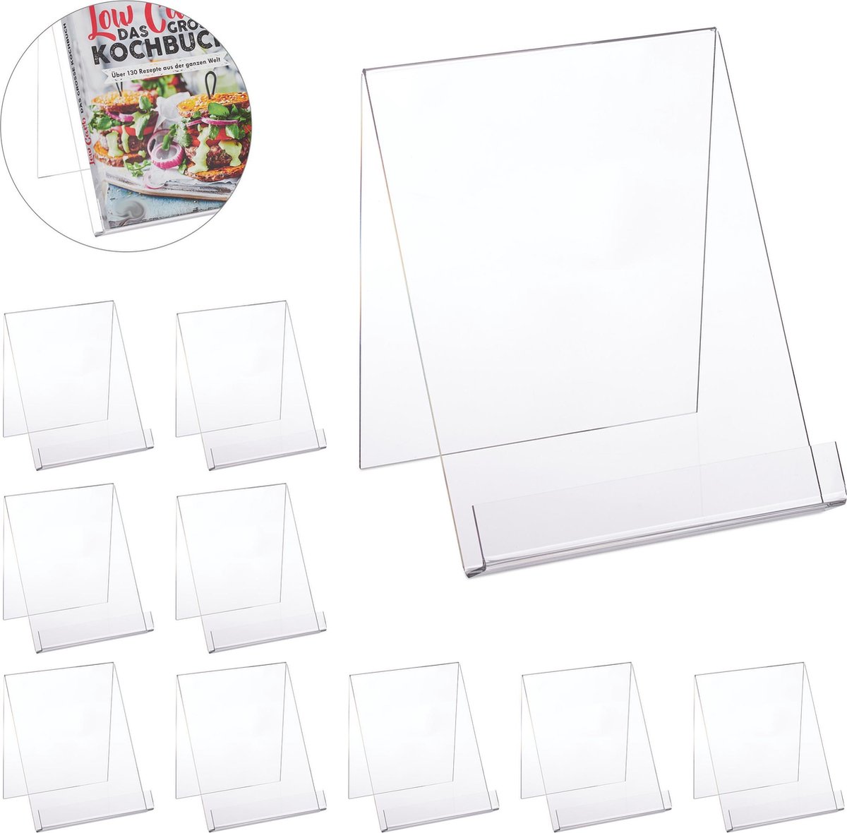 Relaxdays 10x boekenstandaard acryl kookboekstandaard kookboekhouder transparant