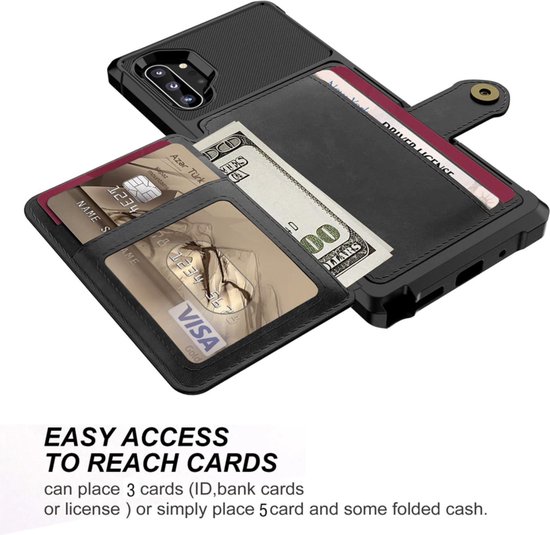 Étui de téléphone noir avec fentes pour cartes ouvertes, cartes de crédit et argent liquide à l'intérieur.