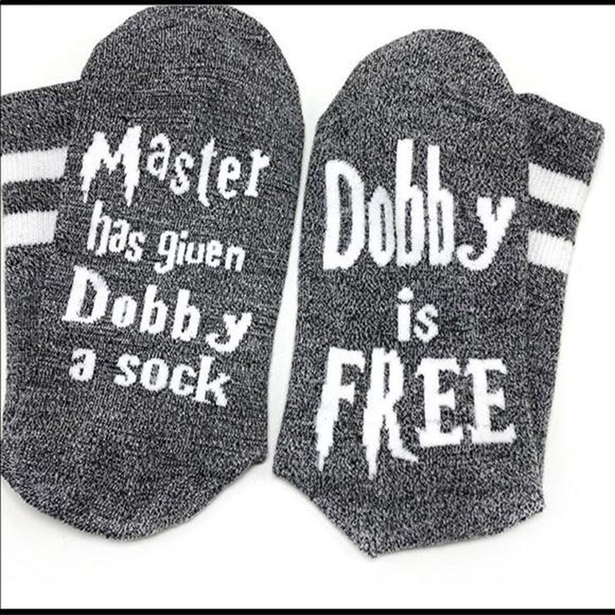 Dobby sokken met tekst - Dobby is Free - Grijs met witte band Grey socks