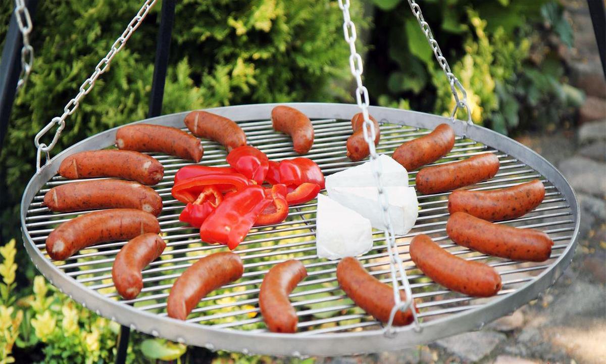 Grillrooster RONDE - 70cm gemaakt van roestvrij staal - handgemaakt product - Made in Germany met 3 ophangogen