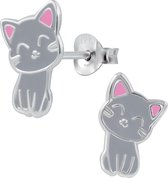 Joy|S - Zilveren kat poes oorbellen 8 x 12 mm grijs