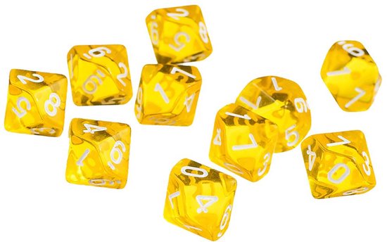 Thumbnail van een extra afbeelding van het spel 10-kantige dobbelstenen (cijfers 0-9) - Geel (5 stuks) / Tienkantige dobbelstenen