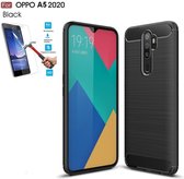 Oppo A5 2020 Carbone Brushed Tpu Zwart Cover Case Hoesje - 1 x Tempered Glass Screenprotector CTBL