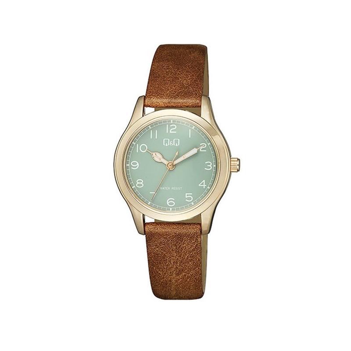 QQ QB93J105Y - Horloge - Vrouwen - Dames - Leren band - Rond - Metaal - Cijfers - Bruin - Rosékleurig - Groen - 3 ATM