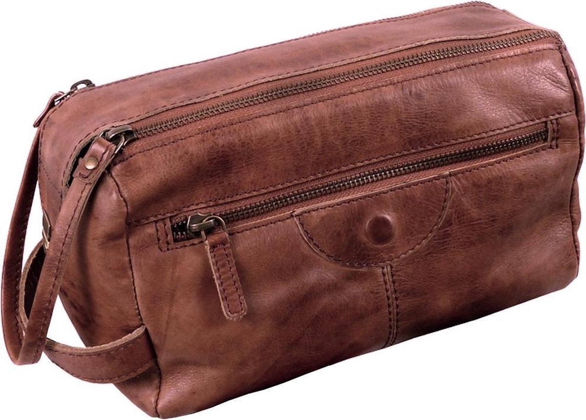 Toilettas - Landleder - Luxe Lederen Toilettas - Rodeo-Washed - Kastanjebruin - afmeting 26 x 14 x 14 cm.