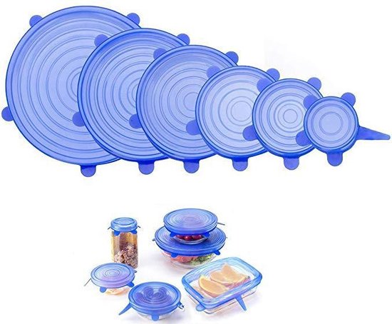 Siliconen vershoud deksels – set van 6 stuks – flexibel – herbruikbaar – blauw - stretch tot wel 30 cm