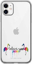 Apple Iphone 11 transparant regenboog flamingo`s siliconen hoesje - Believe in your dreams