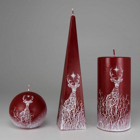 Kaarsen Set Handgeschilderd - Hert Noorderster - Bordeaux - 3 kaarsen