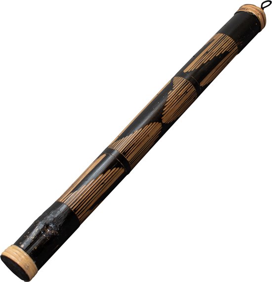 Bewerkt bamboe regenpijp van 60 cm lang, zwart met natuurlijke bamboepatronen.