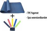 Fitnesspakket 2-in-1 : TPE Fitnessmat - 183 x 61 x 0.6 cm - Blauw + Weerstandsbanden Set - 5stuks